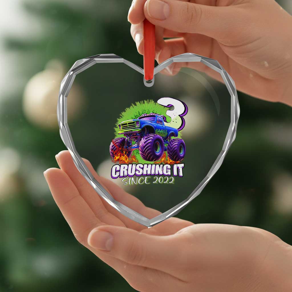 Monster Truck Birthday Heart Crystal Glass Ornament 3 Years Old Boys Happy 3rd Bday Party TS02 Print Your Wear