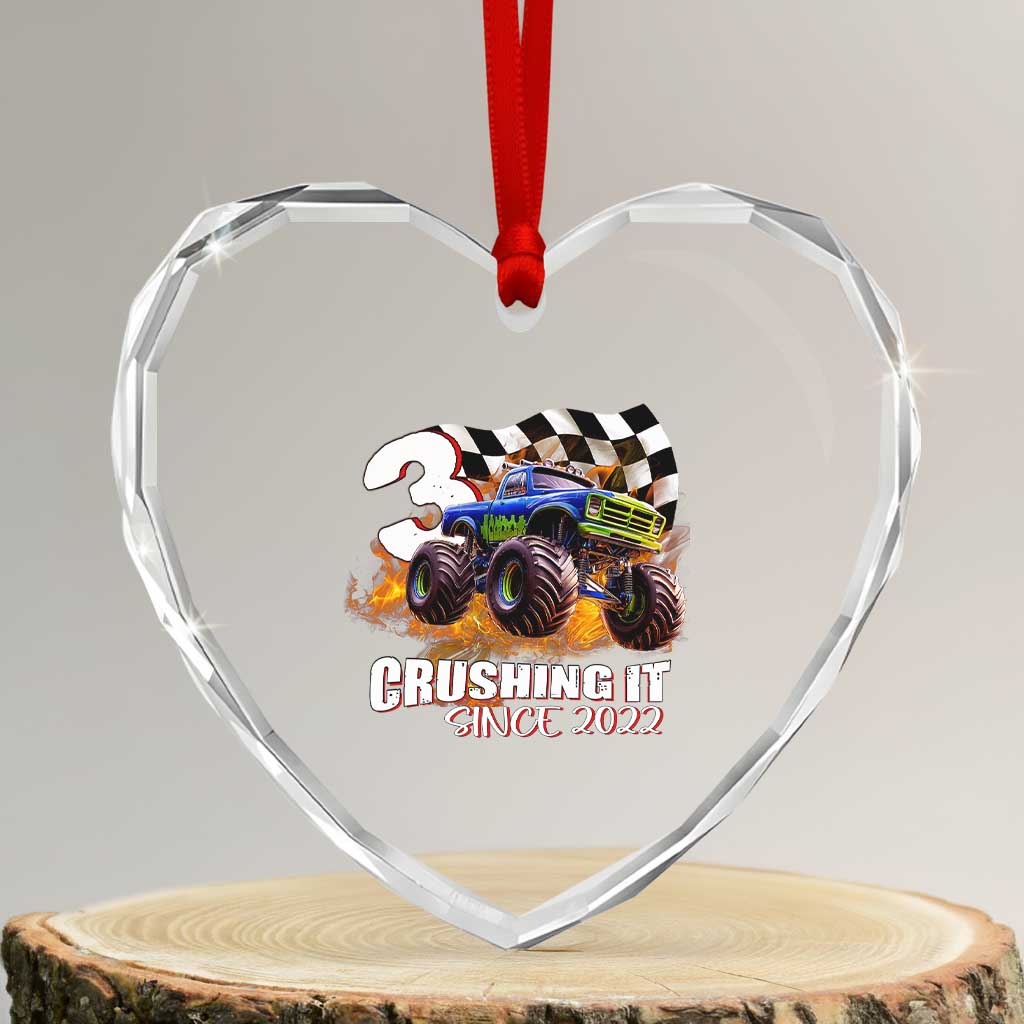 Monster Truck Birthday Heart Crystal Glass Ornament Happy 3rd Bday Party 3 Years Old Boy TS02 Transparent Glass 3'' Heart Print Your Wear