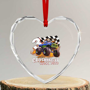 Monster Truck Birthday Heart Crystal Glass Ornament Happy 3rd Bday Party 3 Years Old Boy TS02 Transparent Glass 3'' Heart Print Your Wear