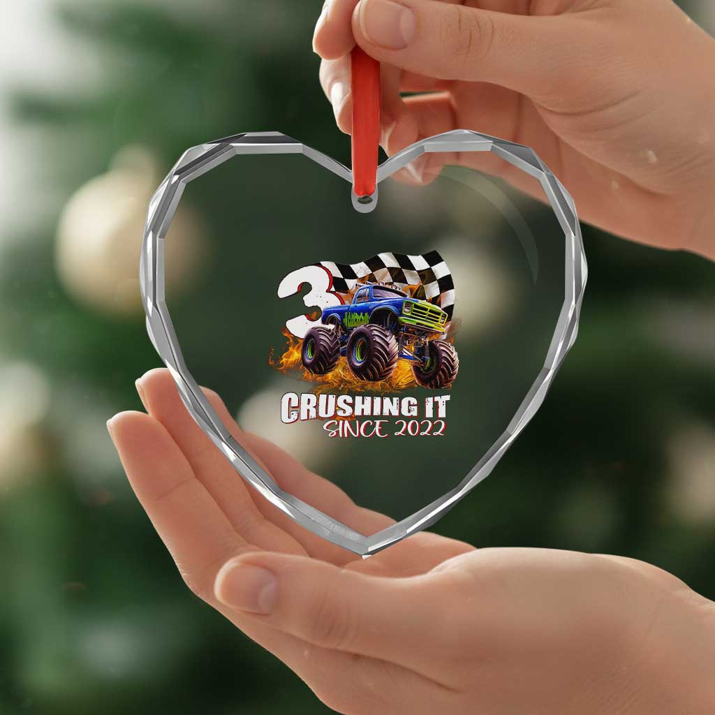 Monster Truck Birthday Heart Crystal Glass Ornament Happy 3rd Bday Party 3 Years Old Boy TS02 Print Your Wear