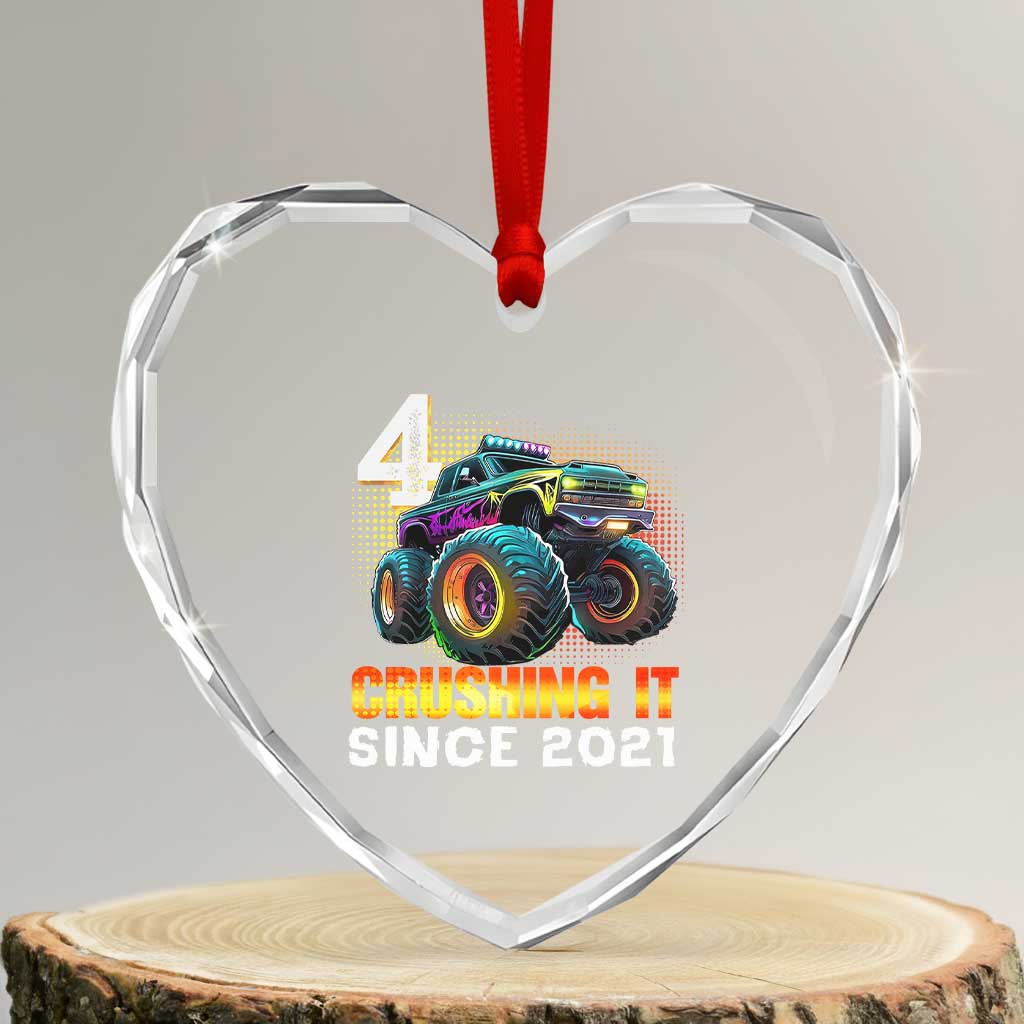Monster Truck Birthday Heart Crystal Glass Ornament Happy 4th Bday Party 4 Years Old Boy TS02 Transparent Glass 3'' Heart Print Your Wear