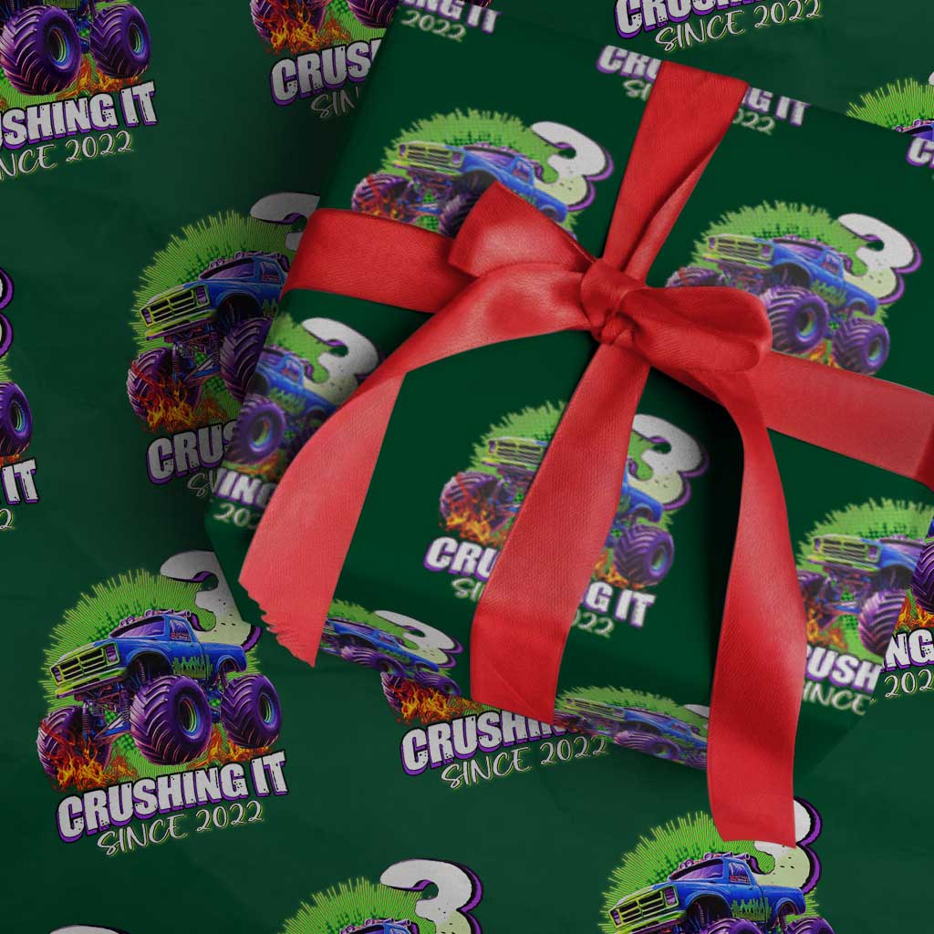Monster Truck Birthday Wrapping Paper Roll 3 Years Old Boys Happy 3rd Bday Party TS02 Green Print Your Wear