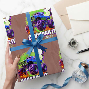 Monster Truck Birthday Wrapping Paper Roll 3 Years Old Boys Happy 3rd Bday Party TS02 Mocha Print Your Wear