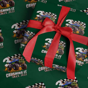 Monster Truck Birthday Wrapping Paper Roll Happy 3rd Bday Party 3 Years Old Boy TS02 Green Print Your Wear