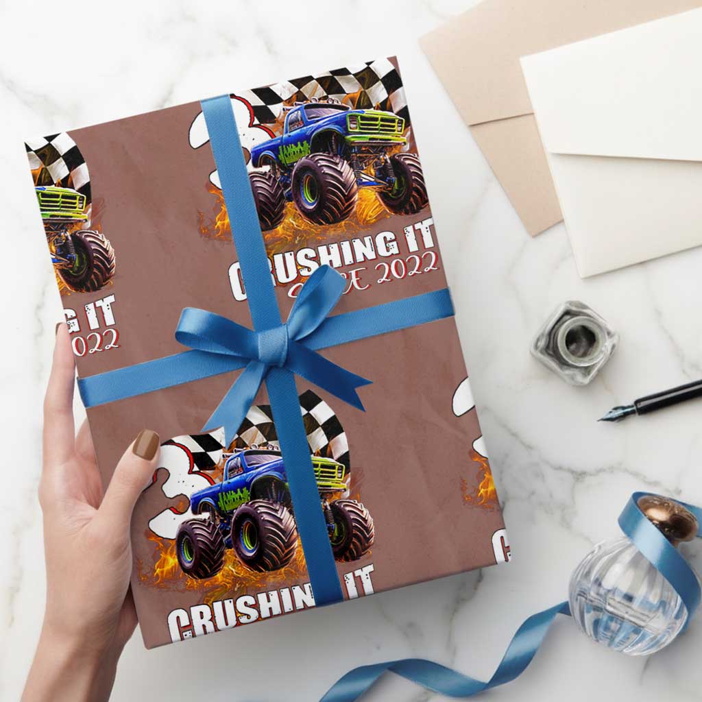 Monster Truck Birthday Wrapping Paper Roll Happy 3rd Bday Party 3 Years Old Boy TS02 Mocha Print Your Wear