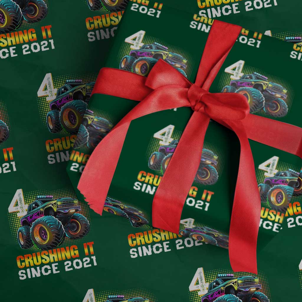 Monster Truck Birthday Wrapping Paper Roll Happy 4th Bday Party 4 Years Old Boy TS02 Green Print Your Wear