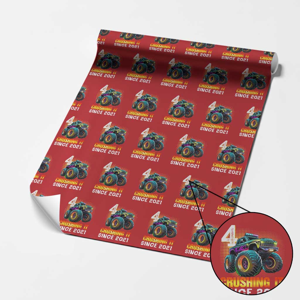Monster Truck Birthday Wrapping Paper Roll Happy 4th Bday Party 4 Years Old Boy TS02 Red Print Your Wear