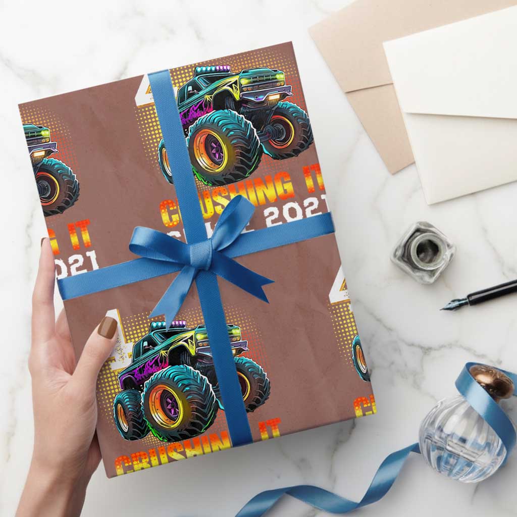 Monster Truck Birthday Wrapping Paper Roll Happy 4th Bday Party 4 Years Old Boy TS02 Mocha Print Your Wear