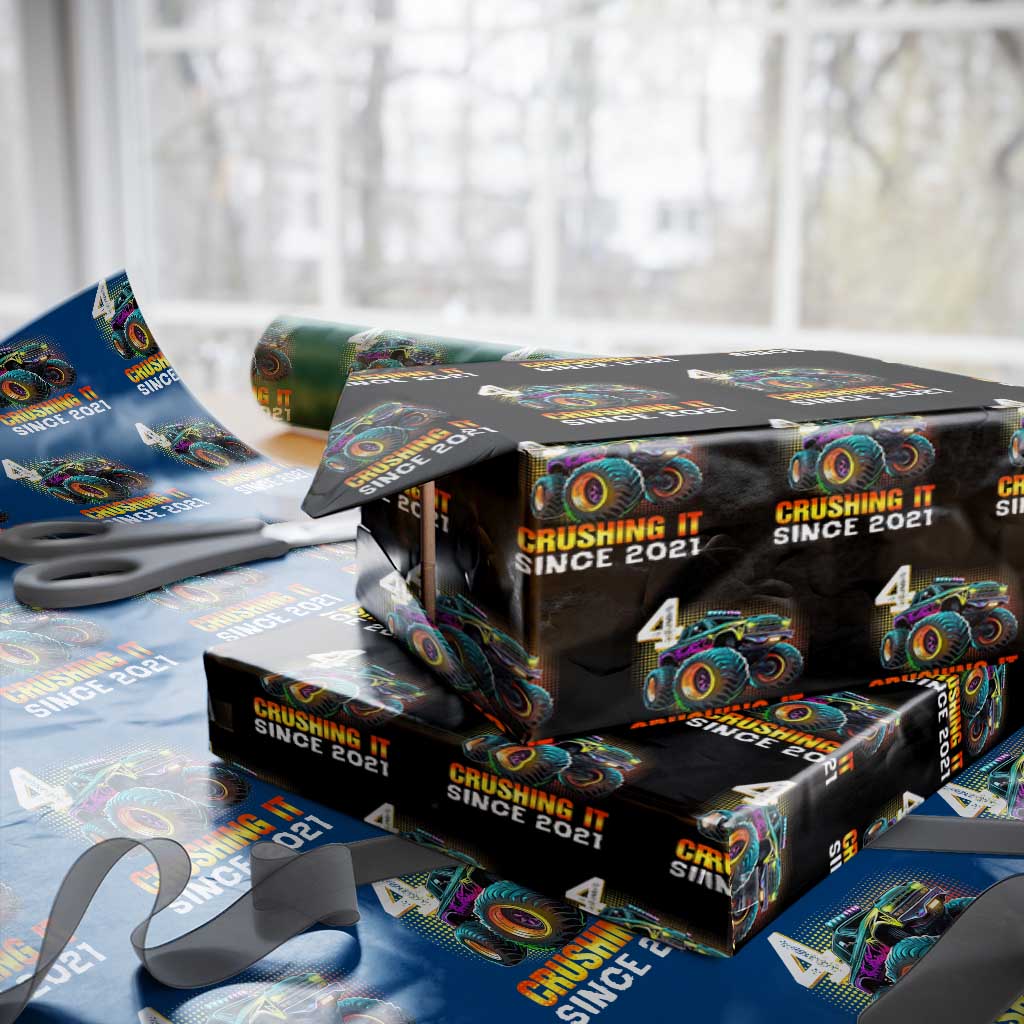 Monster Truck Birthday Wrapping Paper Roll Happy 4th Bday Party 4 Years Old Boy TS02 Black Print Your Wear