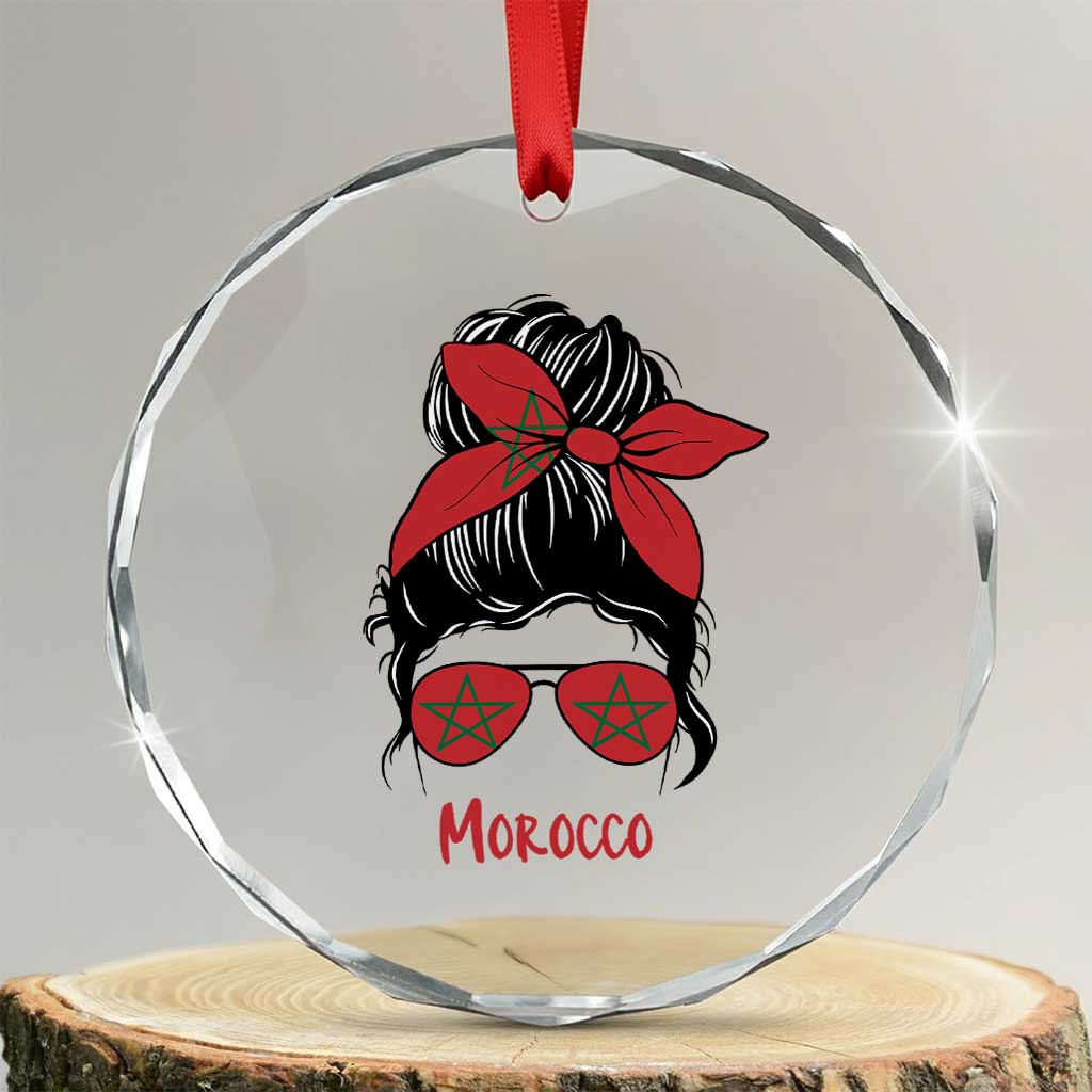 Morocco Girl Messy Bun with Flag Sunglasses Crystal Glass Ornament Proud Moroccan Woman Heritage TS02 Transparent Glass 3'' Circle Print Your Wear
