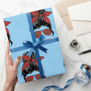 Morocco Girl Messy Bun with Flag Sunglasses Wrapping Paper Roll Proud Moroccan Woman Heritage TS02 Light Blue Print Your Wear