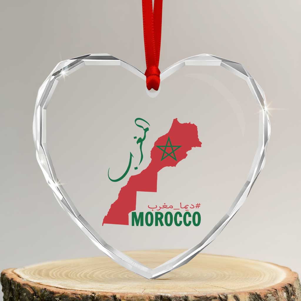 Morocco Map Dima Maghrib with Arabic Calligraphy Heart Crystal Glass Ornament Maghreb Traditional Moroccan Roots Graphic TS02 Transparent Glass 3'' Heart Print Your Wear