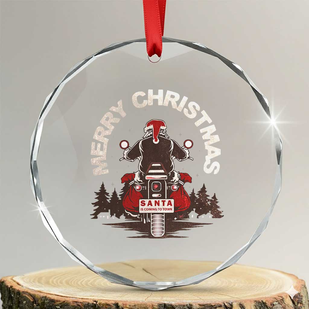 Motorcycle Crystal Glass Ornament Santa Riding to Town Merry Xmas TS10 Transparent Glass 3'' Circle Print Your Wear