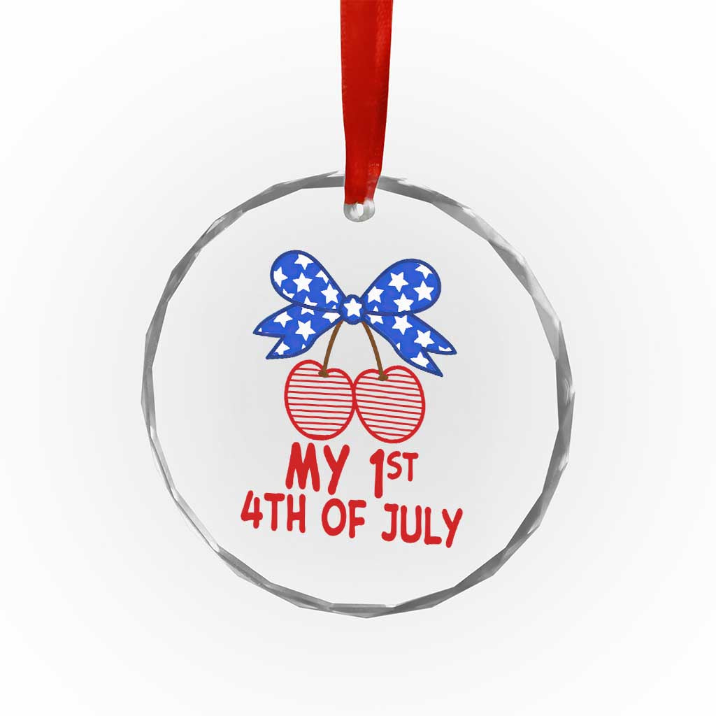 My 1st 4th of July Coquette Bow Striped Cherries Crystal Glass Ornament Preppy Patriotic Baby Girl Independence Holiday