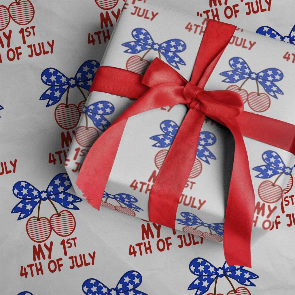 My 1st 4th of July Coquette Bow Striped Cherries Wrapping Paper Roll Preppy Patriotic Baby Girl Independence Holiday