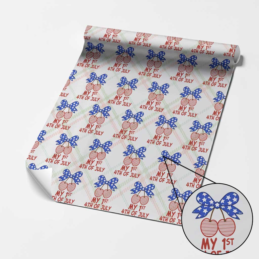 My 1st 4th of July Coquette Bow Striped Cherries Wrapping Paper Roll Preppy Patriotic Baby Girl Independence Holiday