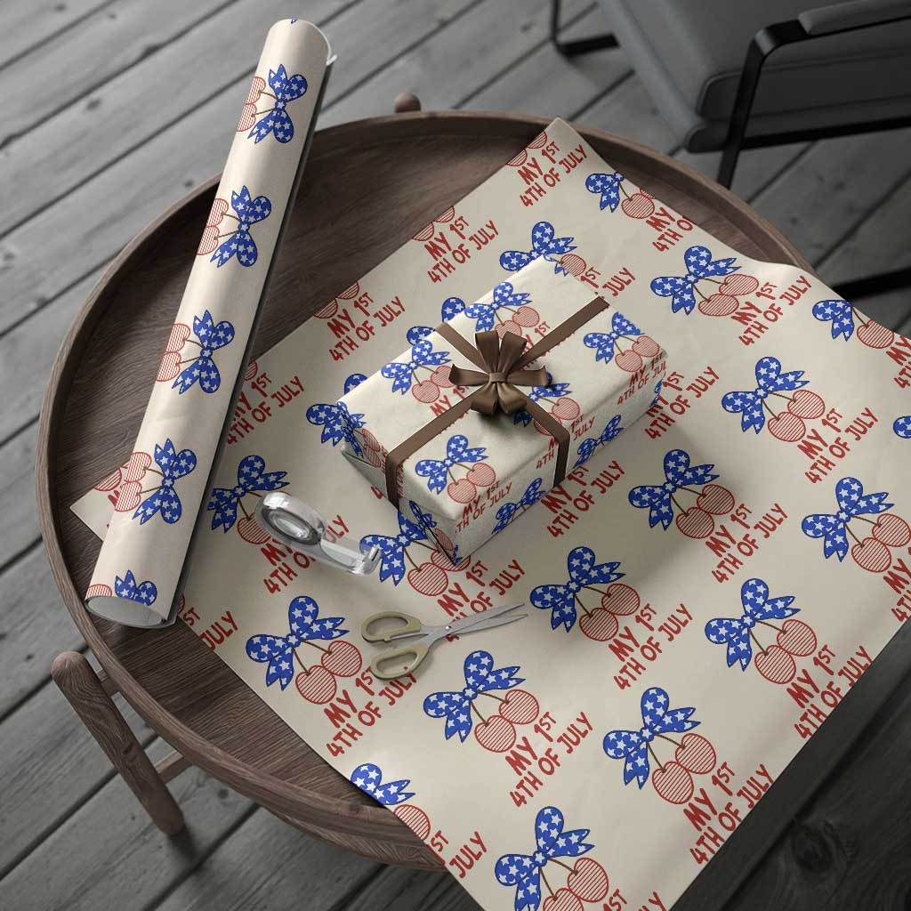 My 1st 4th of July Coquette Bow Striped Cherries Wrapping Paper Roll Preppy Patriotic Baby Girl Independence Holiday