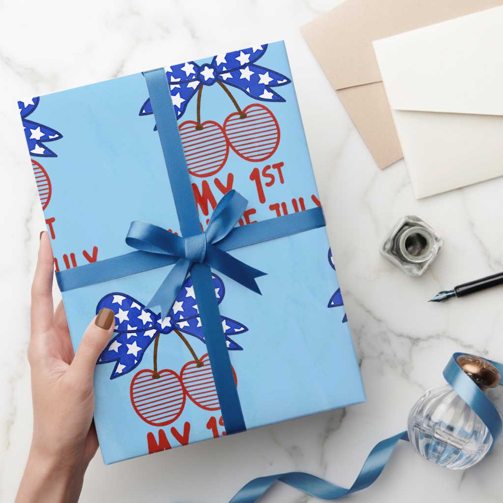 My 1st 4th of July Coquette Bow Striped Cherries Wrapping Paper Roll Preppy Patriotic Baby Girl Independence Holiday