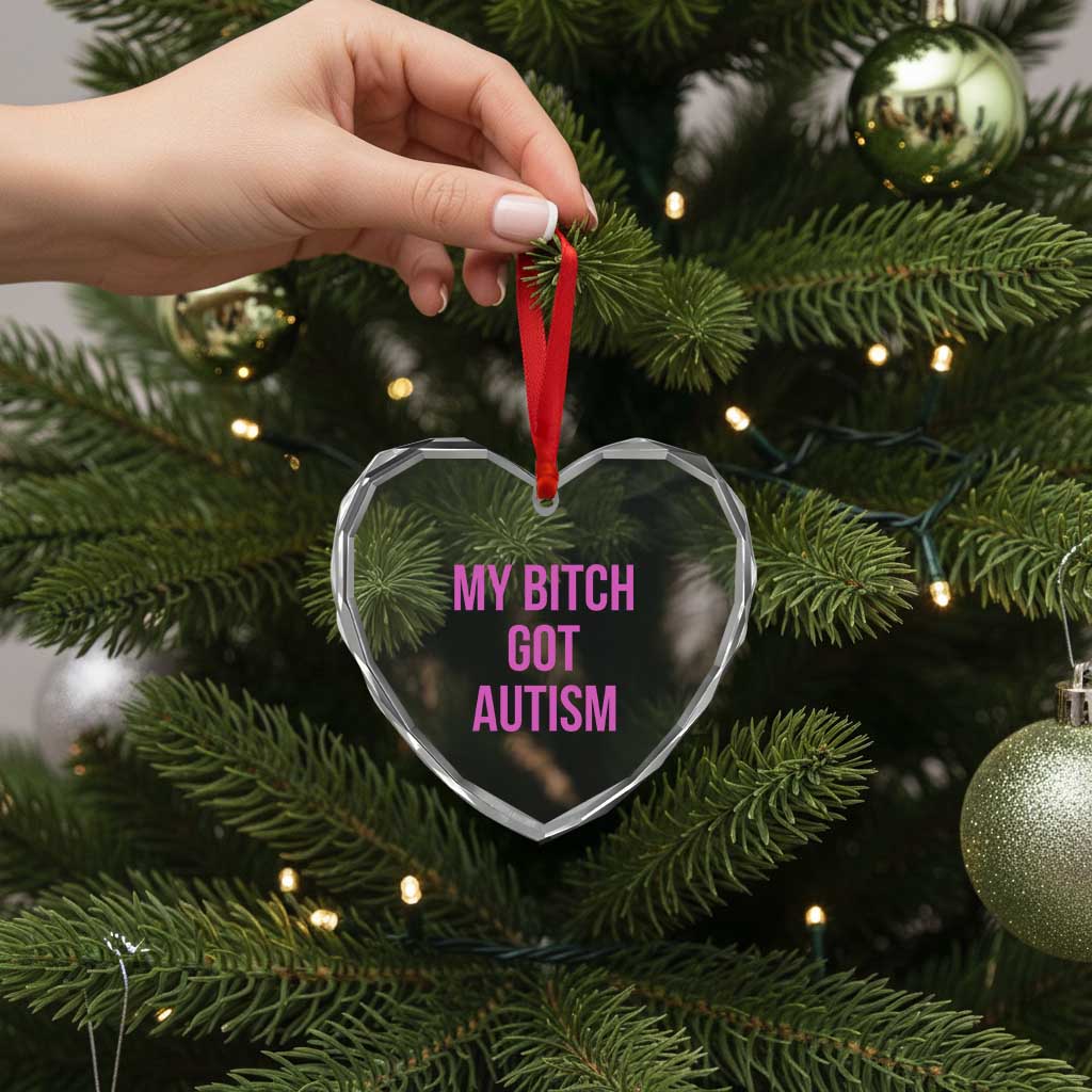 My Bitch Got Autism Heart Crystal Glass Ornament Funny Saying Meme