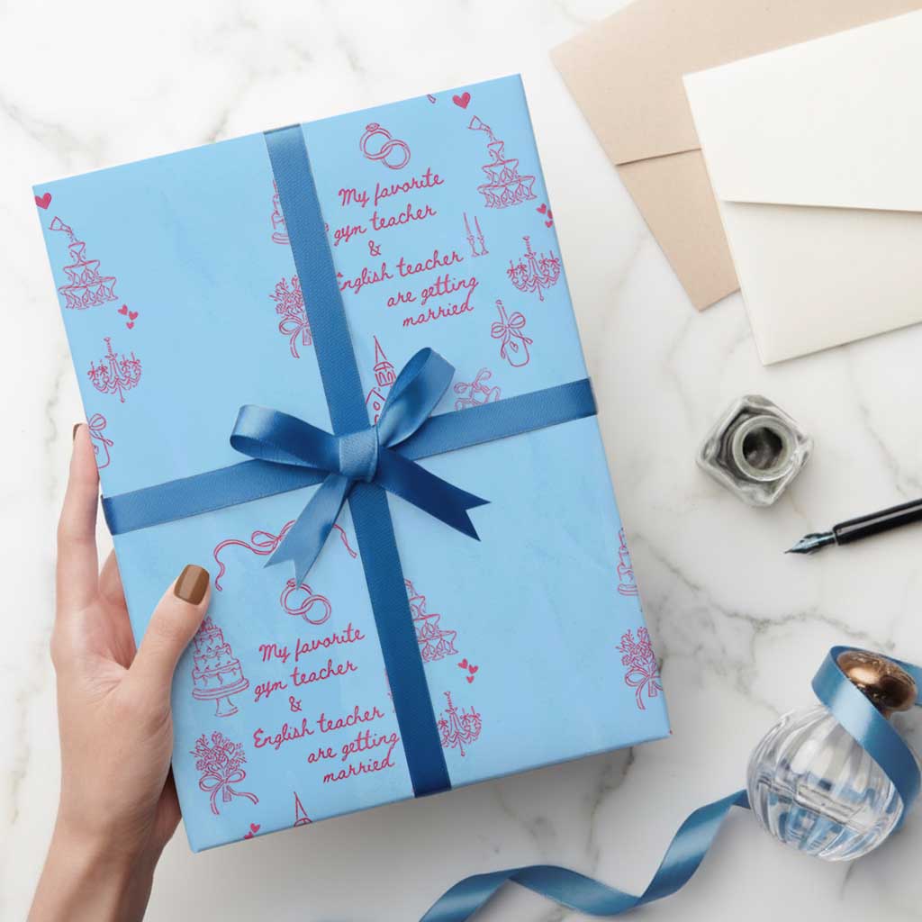 My Favorite Gym Teacher and English Teacher Are Getting Married Wrapping Paper Roll Retro Coquette Bow Wedding Love Story TS02 Light Blue Print Your Wear