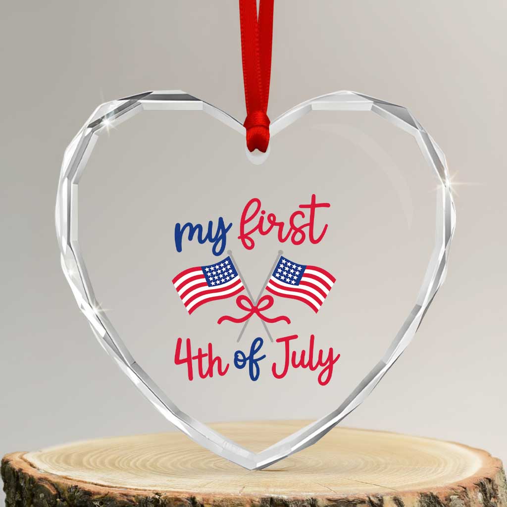 My First 4th of July Crossed American Flags Bow Heart Crystal Glass Ornament Patriotic Baby Girl Holiday Milestone
