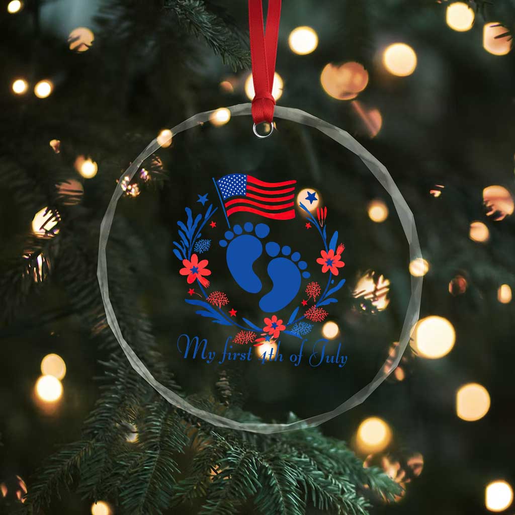 My First 4th of July Patriotic Cute Baby Footprints Crystal Glass Ornament American Flag Wreath America Holiday Milestone
