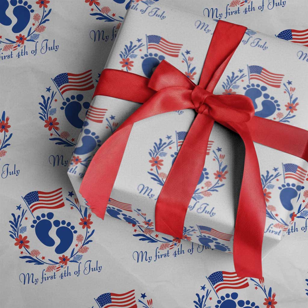 My First 4th of July Patriotic Cute Baby Footprints Wrapping Paper Roll American Flag Wreath America Holiday Milestone