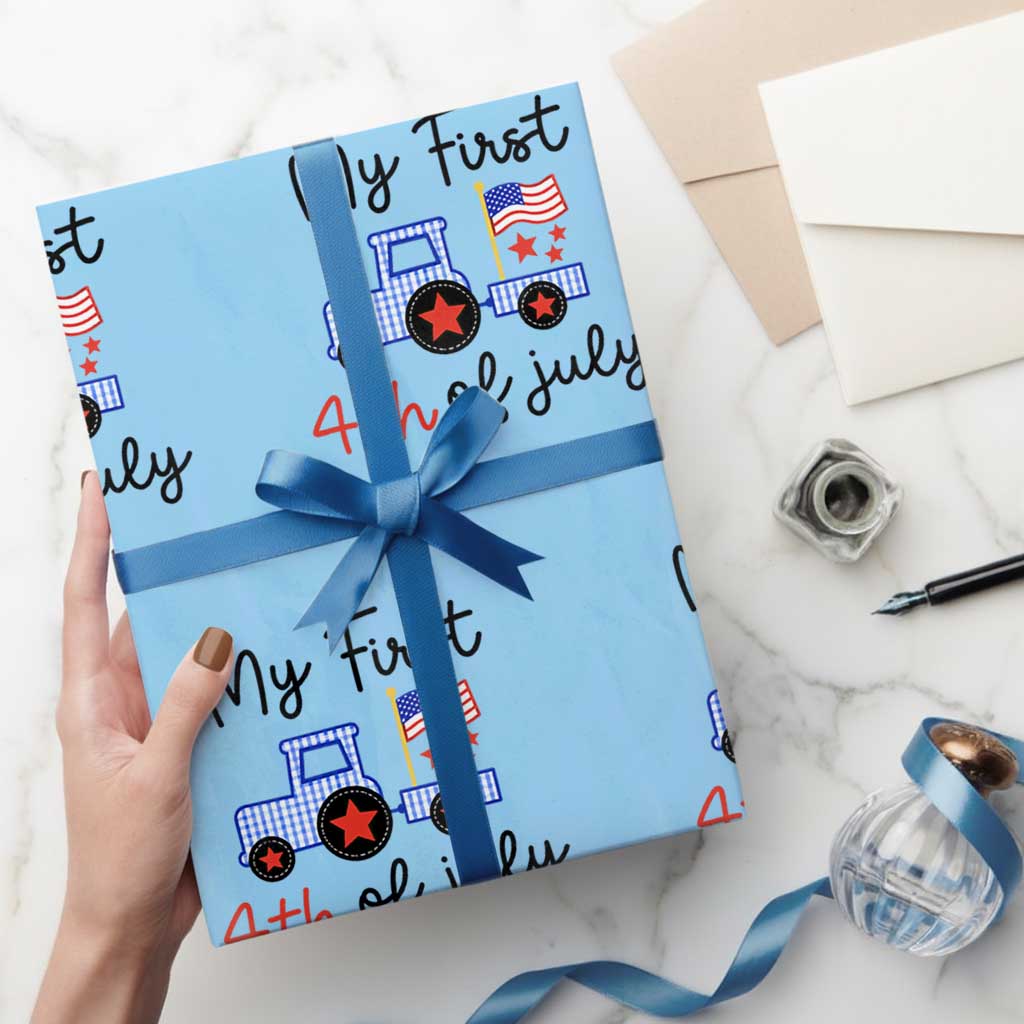 My First 4th of July Patriotic Tractor Cute Wrapping Paper Roll American Flag Infant Independence Holiday Milestone