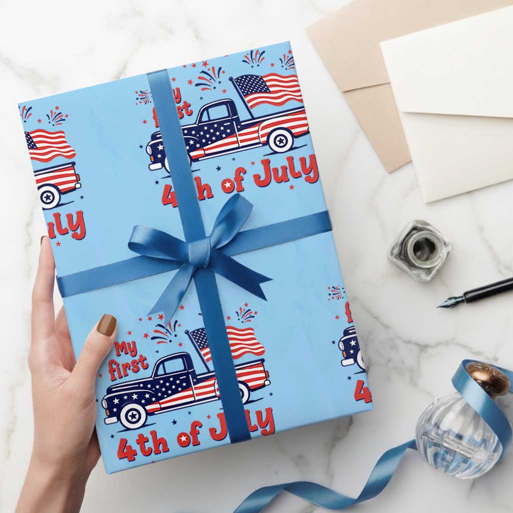 My First 4th of July Retro American Flag Pickup Truck Wrapping Paper Roll Americana Patriotic Independence Holiday Milestone
