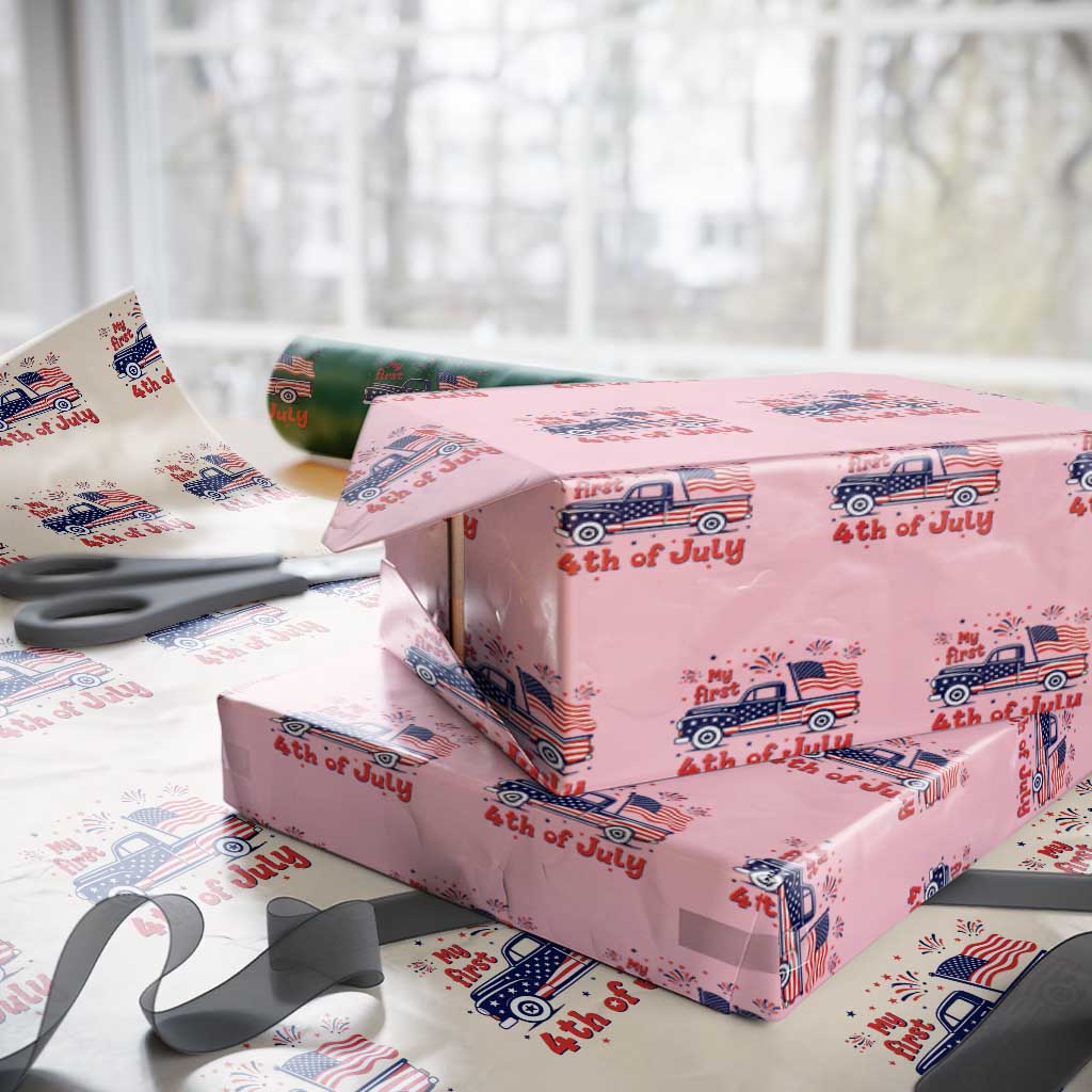 My First 4th of July Retro American Flag Pickup Truck Wrapping Paper Roll Americana Patriotic Independence Holiday Milestone