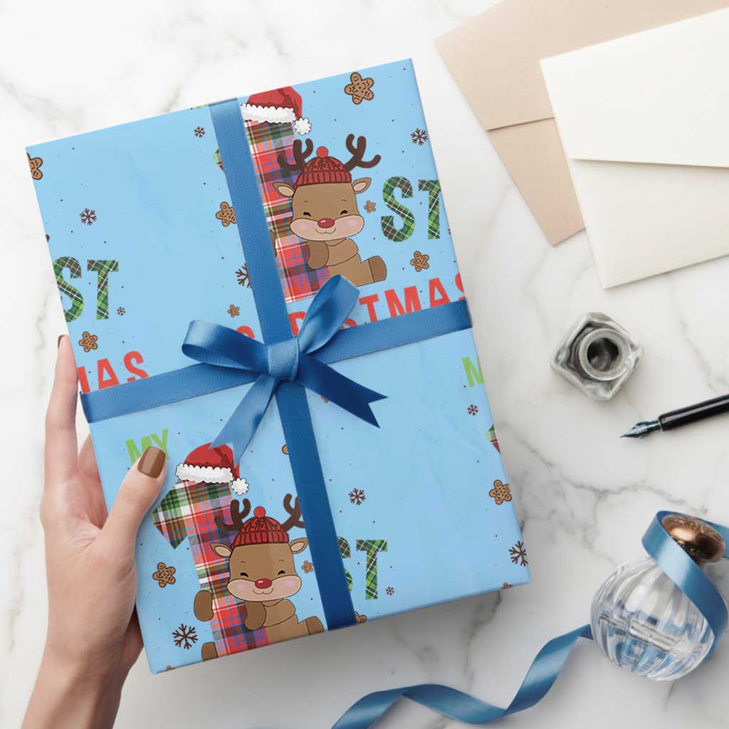 My First Christmas Cute Reindeer Santa Hat Wrapping Paper Roll TS11 Light Blue Print Your Wear