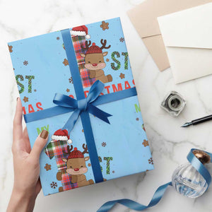 My First Christmas Cute Reindeer Santa Hat Wrapping Paper Roll TS11 Light Blue Print Your Wear