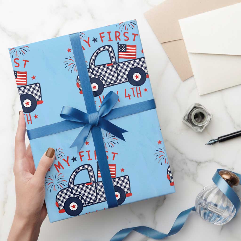 My First July 4th Gingham Vintage Truck Americana Wrapping Paper Roll Patriotic Fireworks Independence Holiday Milestone
