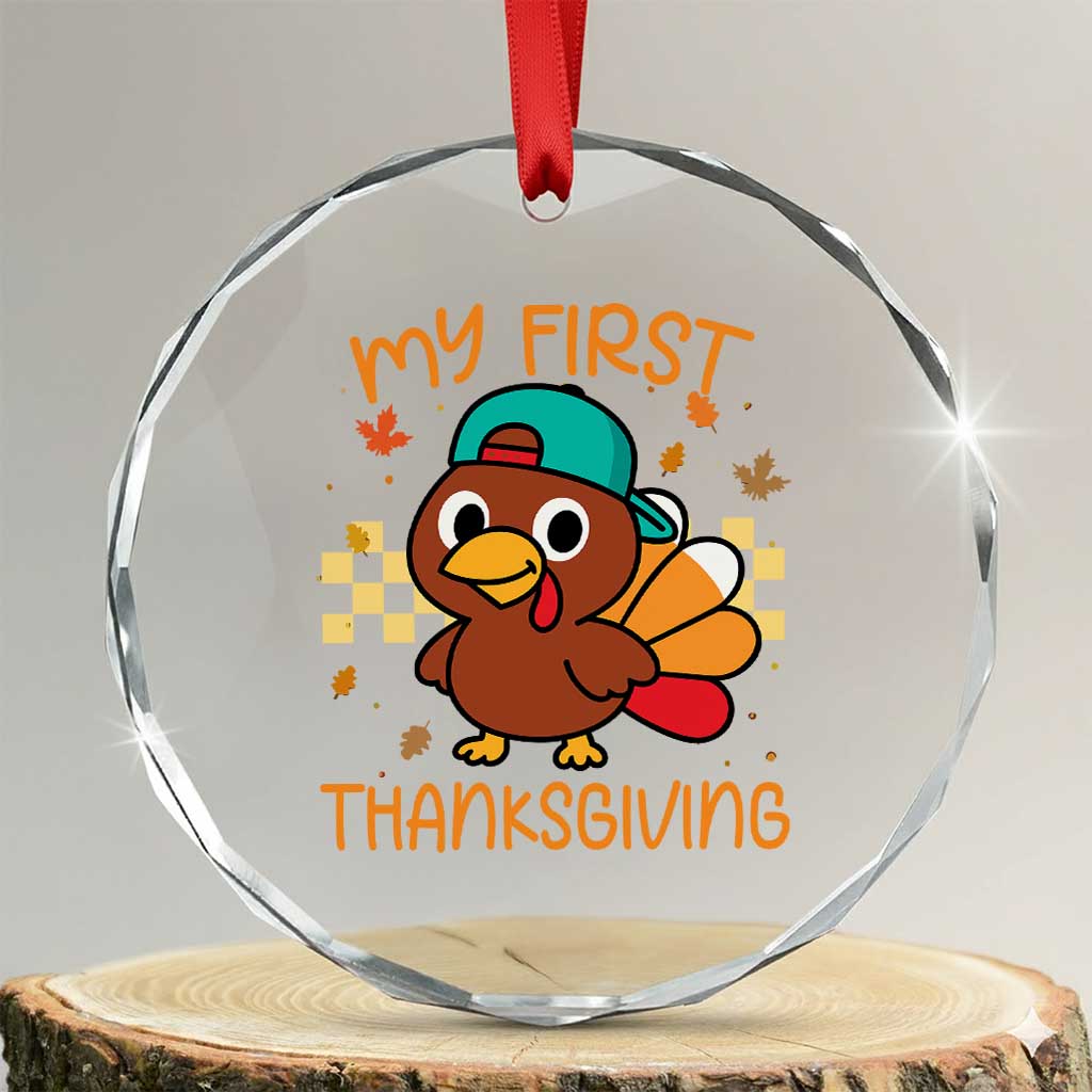 My First Thanksgiving Crystal Glass Ornament Funny Newborn Thanksgiving Turkey Boys TS10 Transparent Glass 3'' Circle Print Your Wear