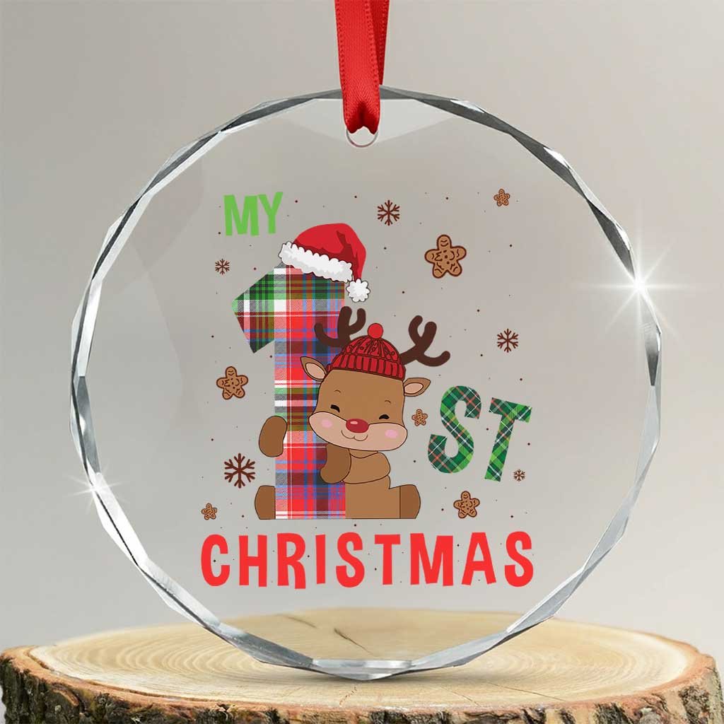 My First Xmas Cute Reindeer Santa Hat Crystal Glass Ornament TS11 Transparent Glass 3'' Circle Print Your Wear