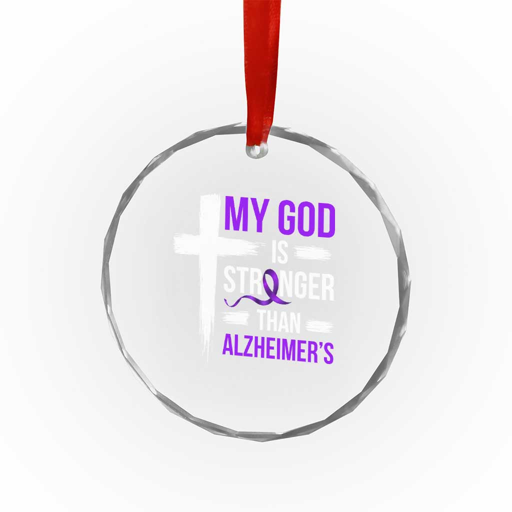 My God Is Stronger Than Alzheimers Crystal Glass Ornament Christian Purple Ribbon Faith Support