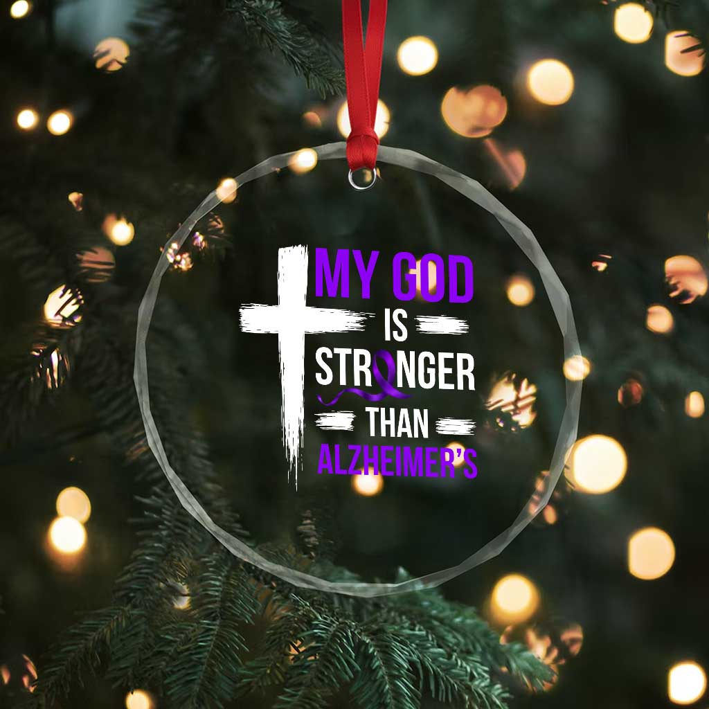 My God Is Stronger Than Alzheimers Crystal Glass Ornament Christian Purple Ribbon Faith Support