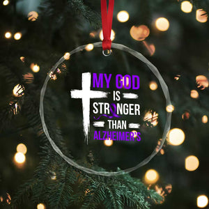 My God Is Stronger Than Alzheimers Crystal Glass Ornament Christian Purple Ribbon Faith Support