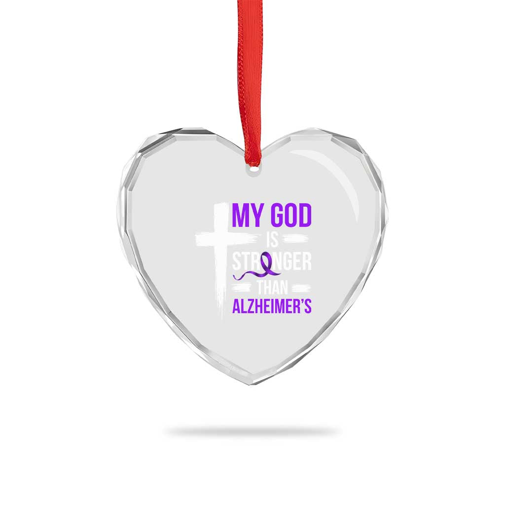 My God Is Stronger Than Alzheimers Heart Crystal Glass Ornament Christian Purple Ribbon Faith Support