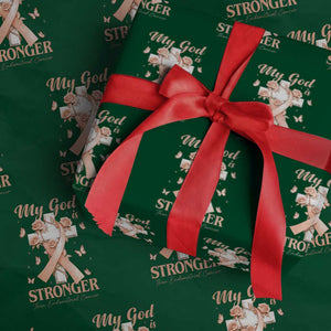My God Is Stronger Than Endometrial Cancer Wrapping Paper Roll Christian Peach Ribbon