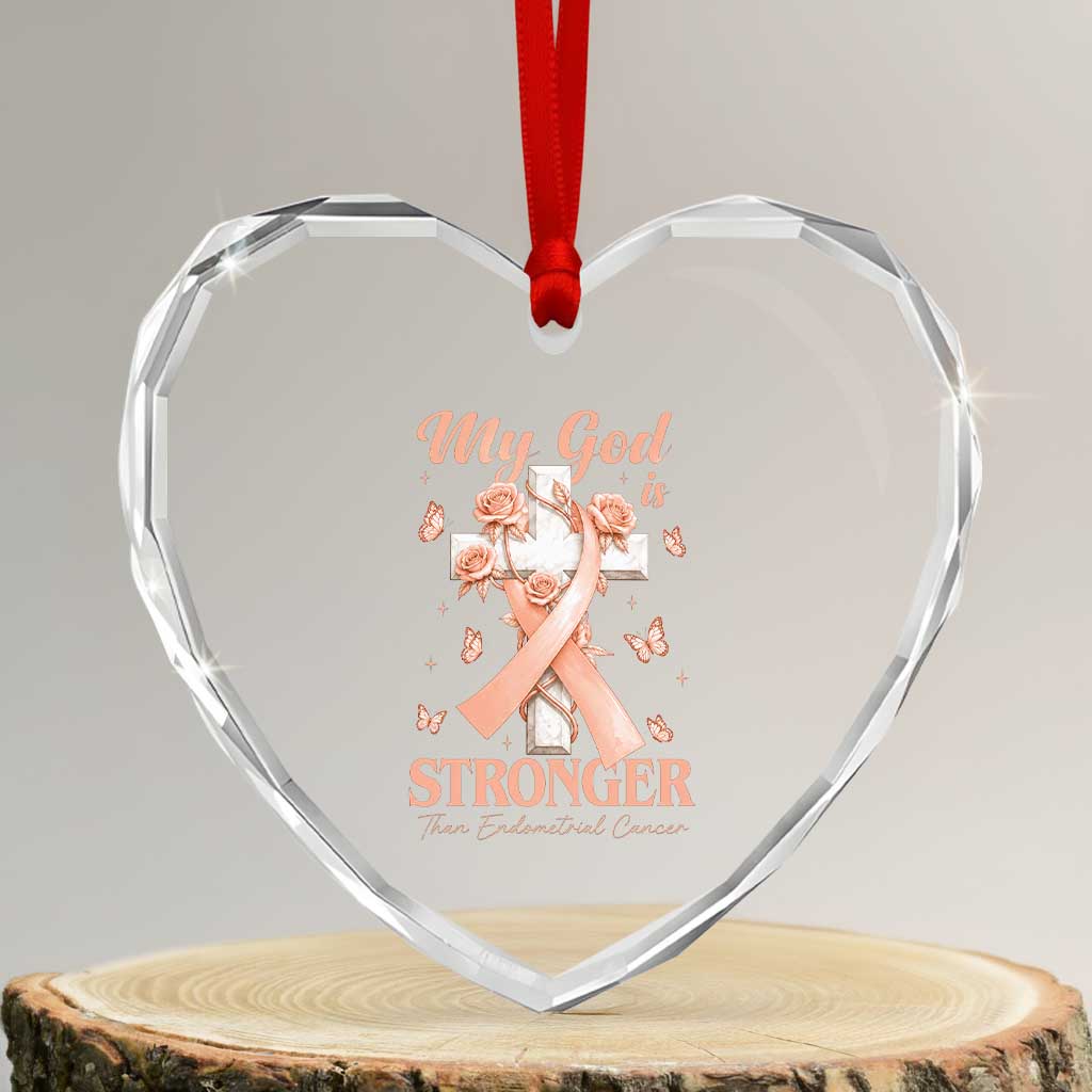 My God Is Stronger Than Endometrial Cancer Heart Crystal Glass Ornament Christian Peach Ribbon TS12 Transparent Glass 3'' Heart Print Your Wear