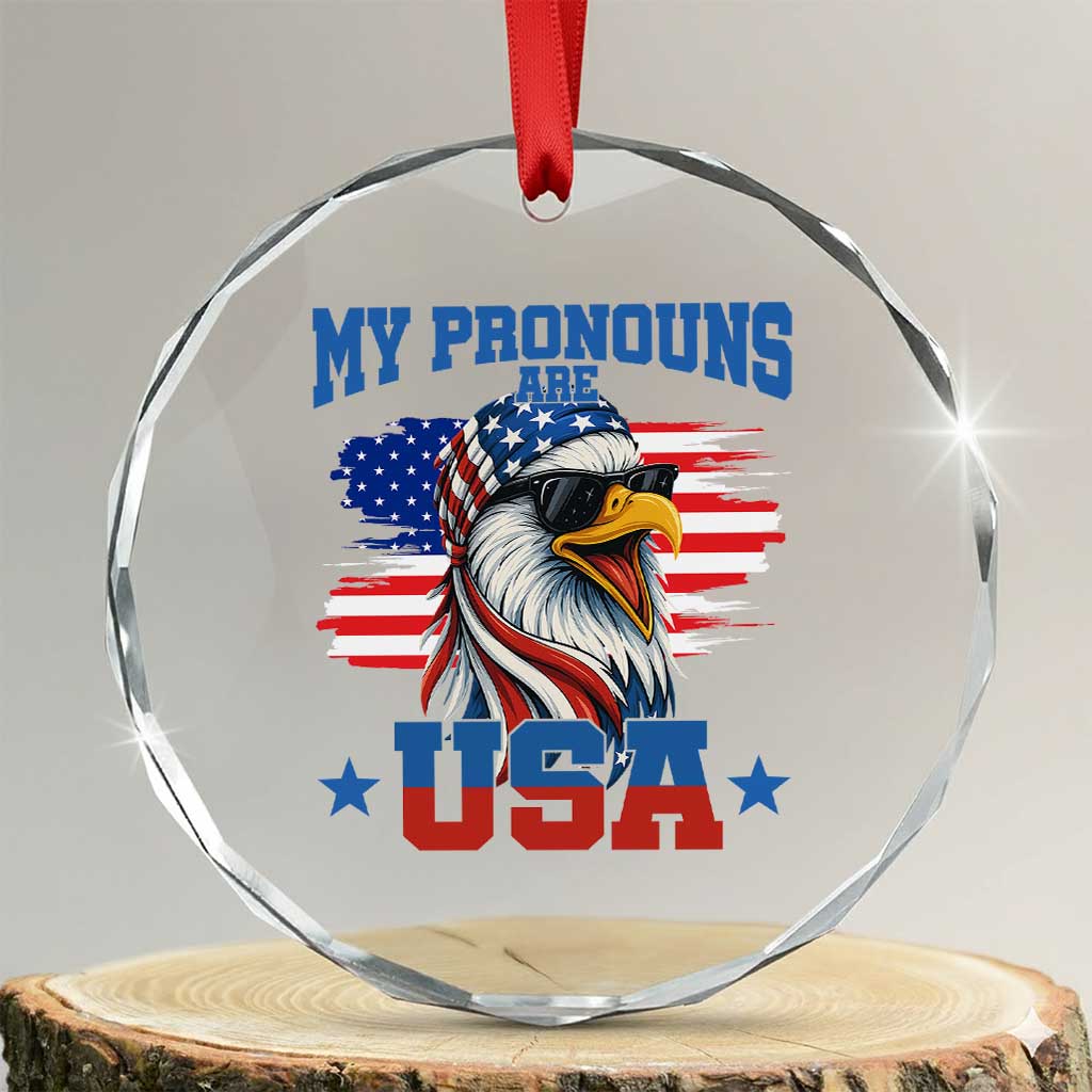 My Pronouns Are USA Crystal Glass Ornament Bold Patriotic Eagle with American Flag Bandana Mullet TS02 Transparent Glass 3'' Circle Print Your Wear