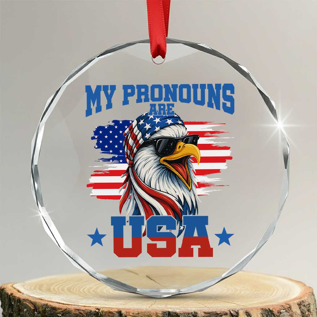 My Pronouns Are USA Crystal Glass Ornament Bold Patriotic Eagle with American Flag Bandana Mullet TS02 Transparent Glass 3'' Circle Print Your Wear