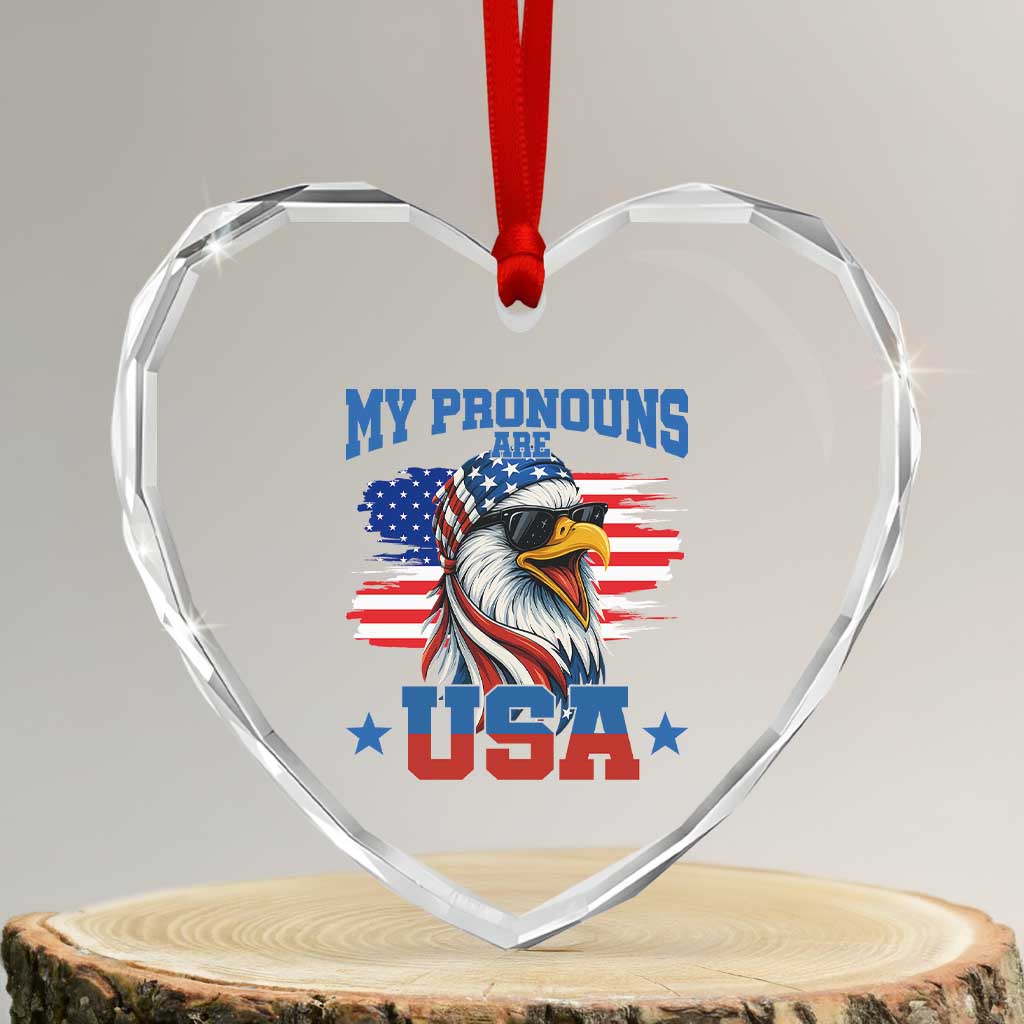 My Pronouns Are USA Heart Crystal Glass Ornament Bold Patriotic Eagle with American Flag Bandana Mullet TS02 Transparent Glass 3'' Heart Print Your Wear