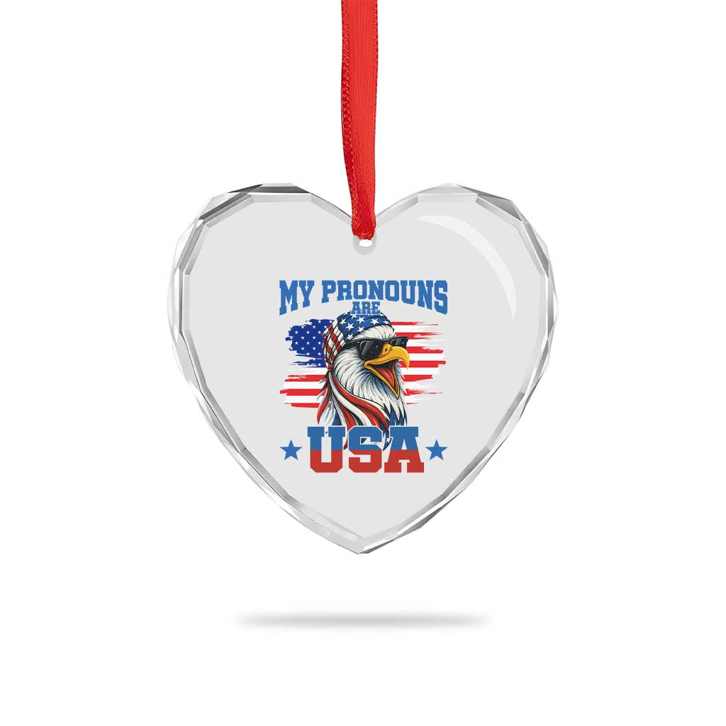 My Pronouns Are USA Heart Crystal Glass Ornament Bold Patriotic Eagle with American Flag Bandana Mullet TS02 Print Your Wear