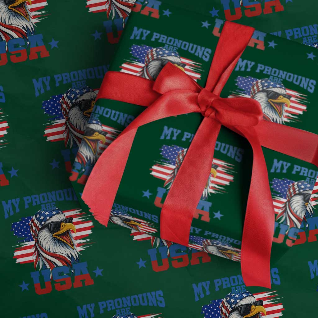 My Pronouns Are USA Wrapping Paper Roll Bold Patriotic Eagle with American Flag Bandana Mullet TS02 Green Print Your Wear