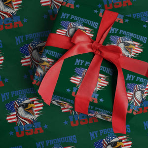 My Pronouns Are USA Wrapping Paper Roll Bold Patriotic Eagle with American Flag Bandana Mullet TS02 Green Print Your Wear