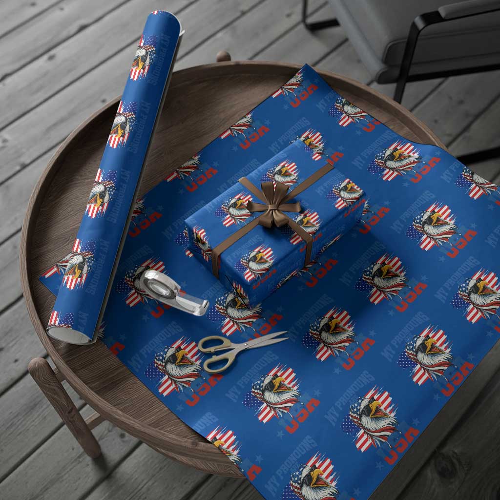 My Pronouns Are USA Wrapping Paper Roll Bold Patriotic Eagle with American Flag Bandana Mullet TS02 Blue Print Your Wear