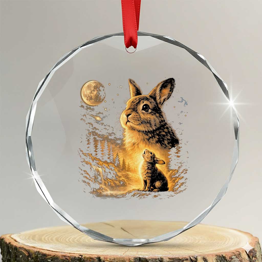 Mystical Moonlit Bunny Graphic Crystal Glass Ornament Glowing Rabbit Under Full Moon Waterfall Nature Scene TS02 Transparent Glass 3'' Circle Print Your Wear