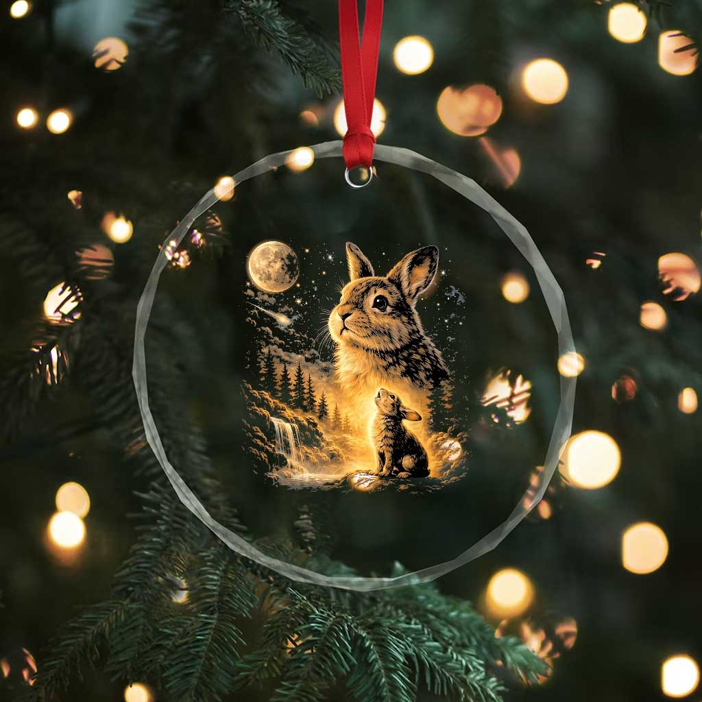 Mystical Moonlit Bunny Graphic Crystal Glass Ornament Glowing Rabbit Under Full Moon Waterfall Nature Scene TS02 Print Your Wear
